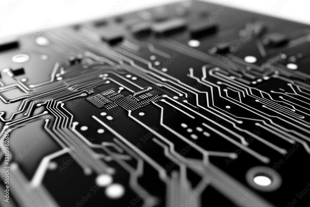 Poster close-up shot of a computer circuit board with various electronic components and wires