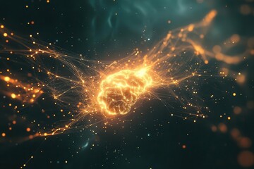 neural network visualization with glowing connections abstract digital brain structure floating in dark space with data streams