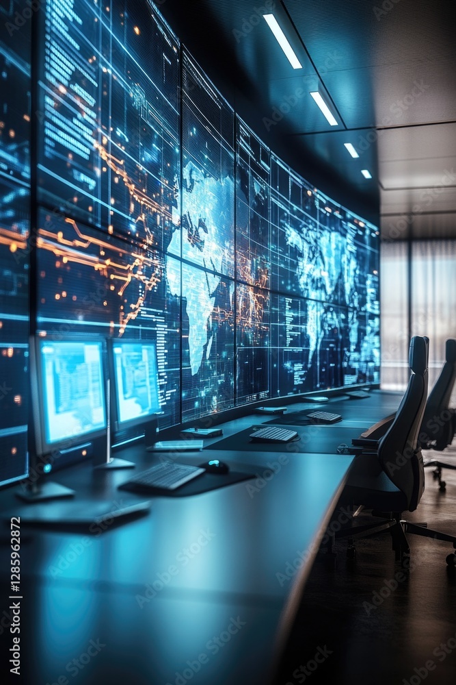 Poster a person sits at a desk with multiple computer screens and a chair, suitable for office or home work