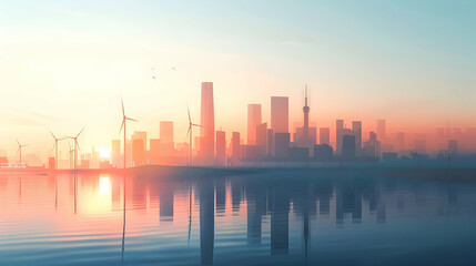 Obraz premium Serene city skyline at dawn with wind turbines and reflections on calm water, showcasing urban harmony