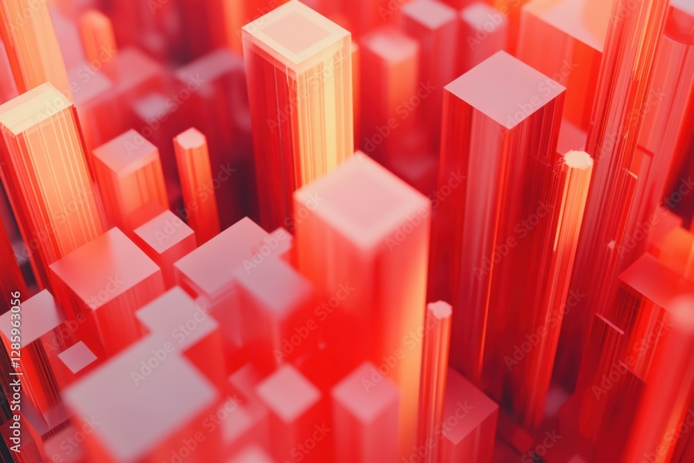 Poster abstract cityscape formed by vibrant red and translucent structures representing an energetic urban 
