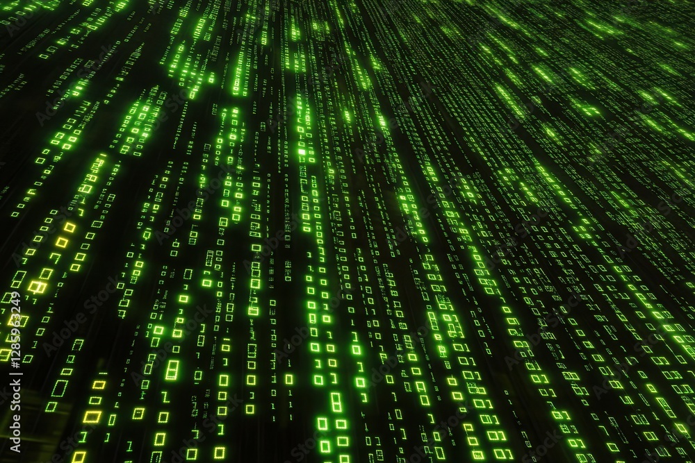 Poster Digital rain cascades down in luminous green, creating a mesmerizing visual of binary code in an abstract landscape. Generative AI