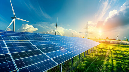 Solar panels in a green field with wind turbines and power lines under a vibrant sunset