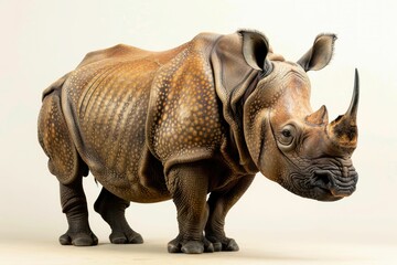 Fototapeta premium A majestic Indian rhinoceros, showcasing its thick, textured skin and prominent horn, stands against a clean white background.