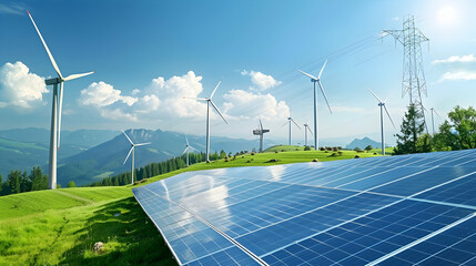Renewable energy landscape featuring solar panels and wind turbines under a clear blue sky (3)