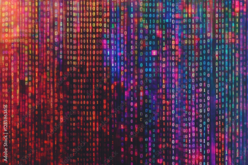 Poster digital canvas of vibrant binary code illuminated by neon hues in a contemporary tech-inspired space