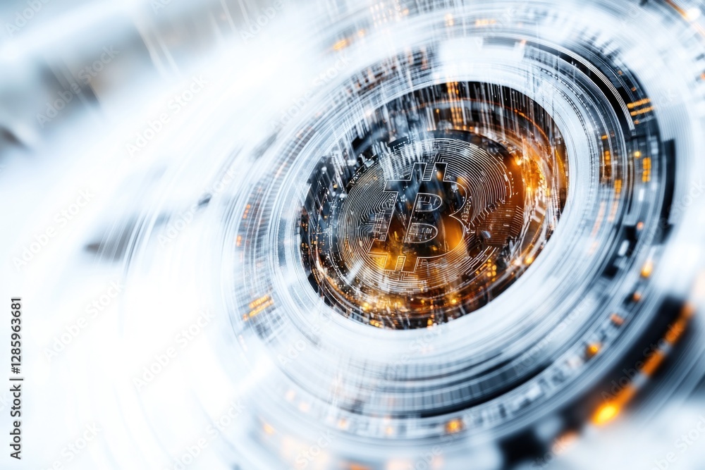 Poster a digital representation of a bitcoin in a circular format