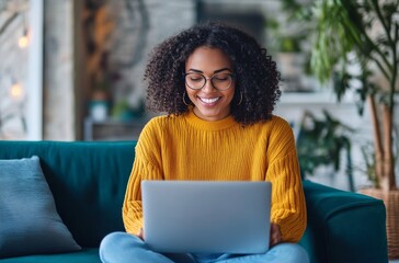 happy woman in her mid-30s, wearing glasses and jeans with a yellow sweater, is sitting on the sofa at home, looking into a laptop screen