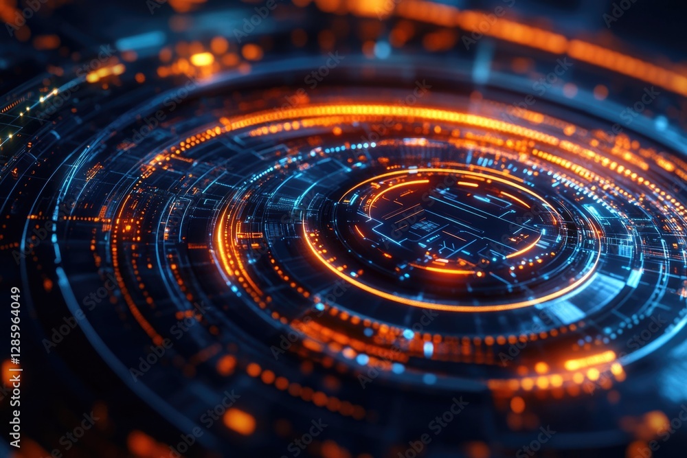 Poster a futuristic digital technology background featuring a glowing circle, suitable for use in presentat