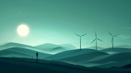 Obraz premium Serene landscape at dusk with a lone figure walking among wind turbines under a large moon