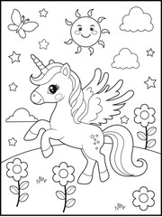 Black and white printable Unicorn coloring pages for kids. Children's coloring books with cute unicorn cartoon characters, fun and educational materials for kindergarten.
