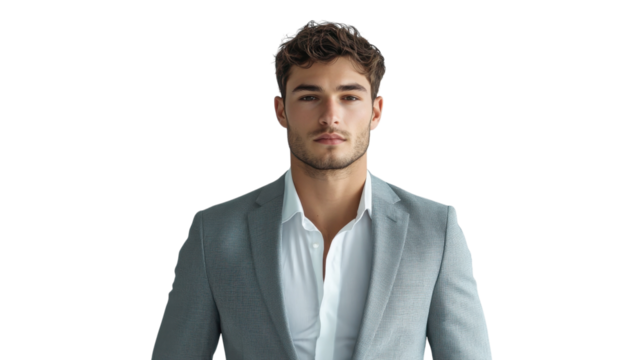 Stylishly dressed young man in a light gray blazer and white shirt poses confidently for a portrait in a minimalist studio setting