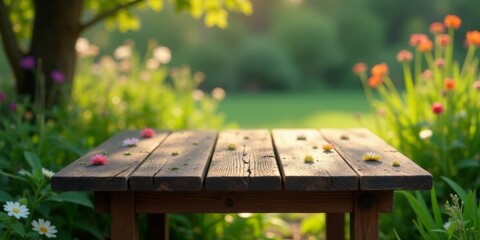 Fototapeta premium Rustic Wooden Table in a Sunlit Garden with Delicate Wildflowers Scattered Across Its Weathered Surface