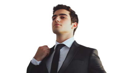 Confident young man in a formal suit posing with a relaxed demeanor in a studio setting