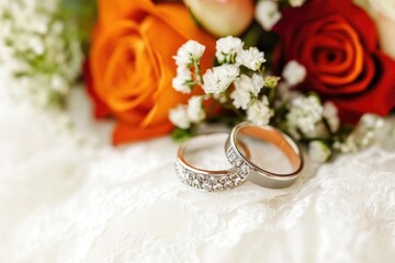 A pair of wedding rings sits beside a bouquet of fresh flowers, perfect for romantic occasions or as a symbol of love