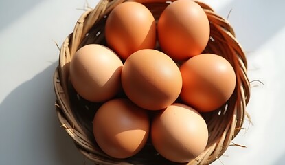 Close up of a basket with smooth brown eggs on a clean white table.