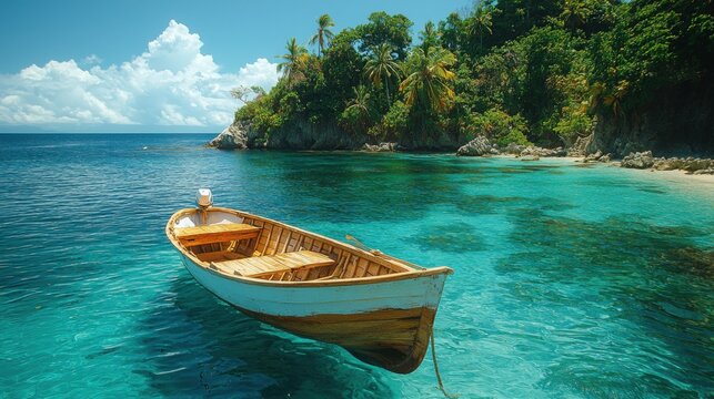 A peaceful scene showcasing a wooden boat gently floating in crystal clear turquoise waters, surrounded by lush tropical vegetation and blue skies.