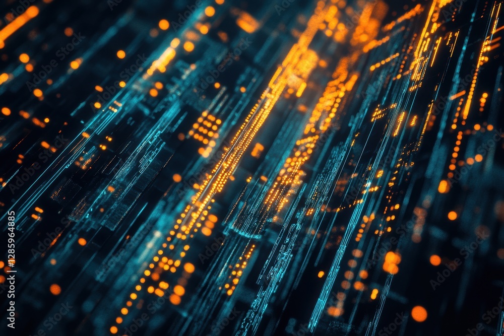 Poster glowing patterns of light and data streams intertwine in a digital cityscape filled with vibrant ora