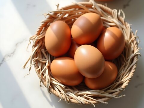 basket filled with fresh brown eggs resting on a white surface.