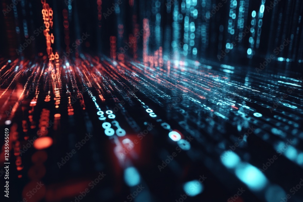 Poster dynamic flow of vibrant data streams illuminating a digital landscape at night. generative ai