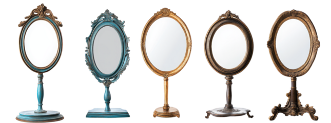 Antique oval mirrors with ornate frames in various designs and colors