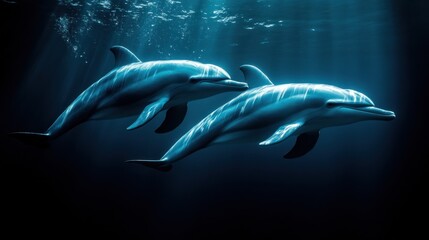 Naklejka premium Two dolphins swim underwater, sunbeams illuminating them, dark ocean background. Possible use nature, wildlife, conservation, education