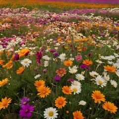 Fototapeta premium A large field of flowers is spread out on the grass