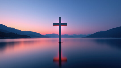 Cross on water during sunset with mountain backdrop, symbolic Christian imagery.