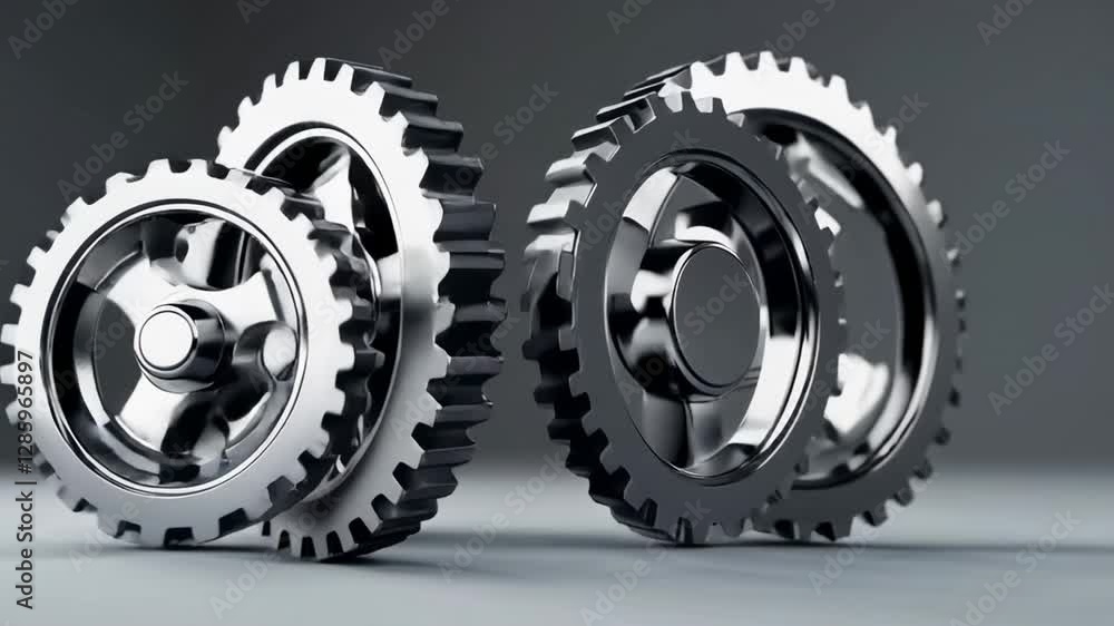 Aufkleber chrome gears rotating smoothly against gray background, revealing intricate mechanical engineering p