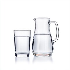 Pitcher and glass of crystal clear water on a table with reflections and highlights in a well-lit environment