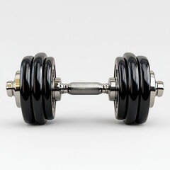 A shiny dumbbell sits on a plain white background