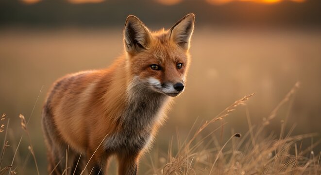 Majestuoso zorro rojo en un campo de oro al atardecer - primer plano