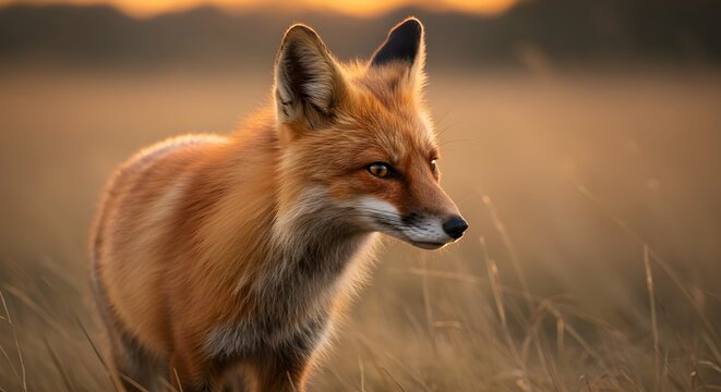 Majestuoso zorro rojo en un campo de oro al atardecer - primer plano