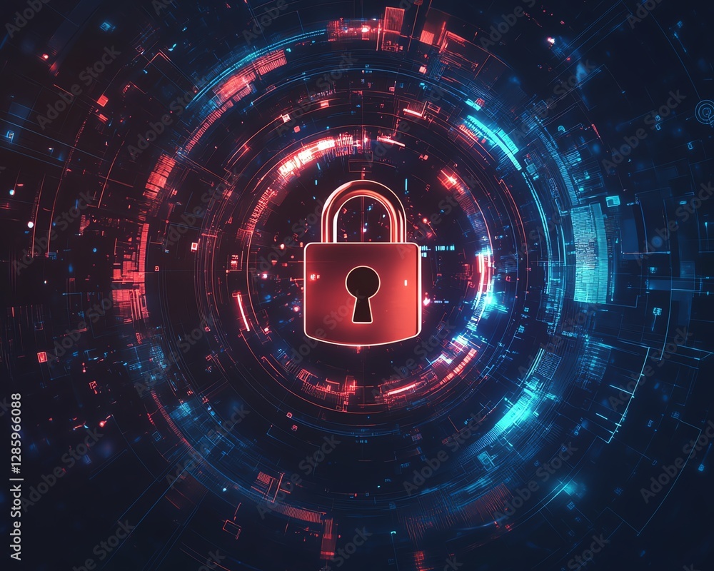 Poster cybersecurity concept with digital padlock, keyhole symbol on hightech background, advanced encrypti