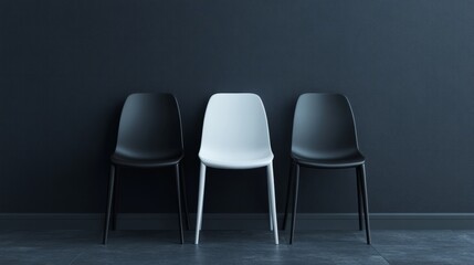 White chair as the unique focus in black chair lineup, sleek grey background, 3D render, business concept