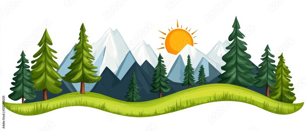 Poster flat design nature scene with mountains trees and sun in minimalist vector illustration emphasizing 