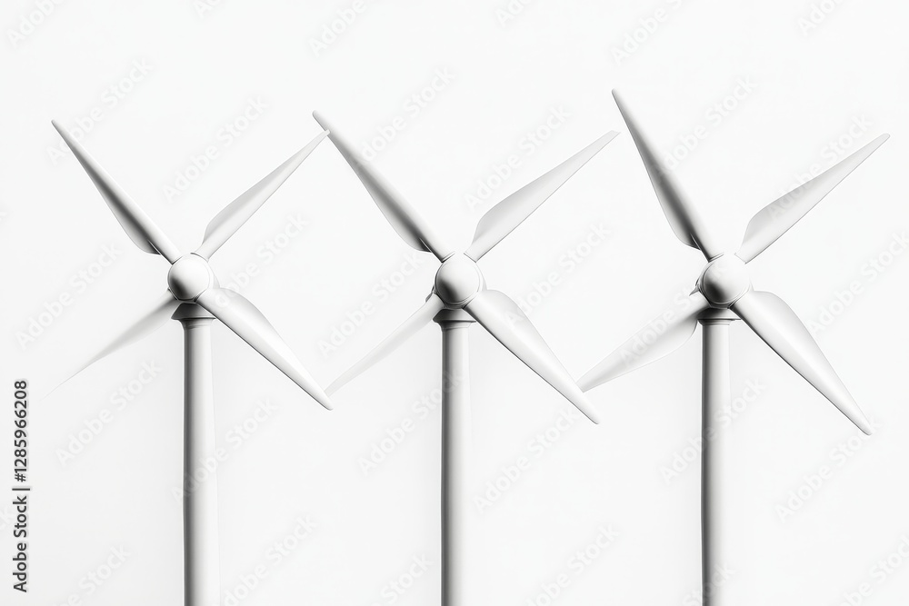 Poster white background with aligned four wind turbines in clean minimalistic design symbolizing renewable 