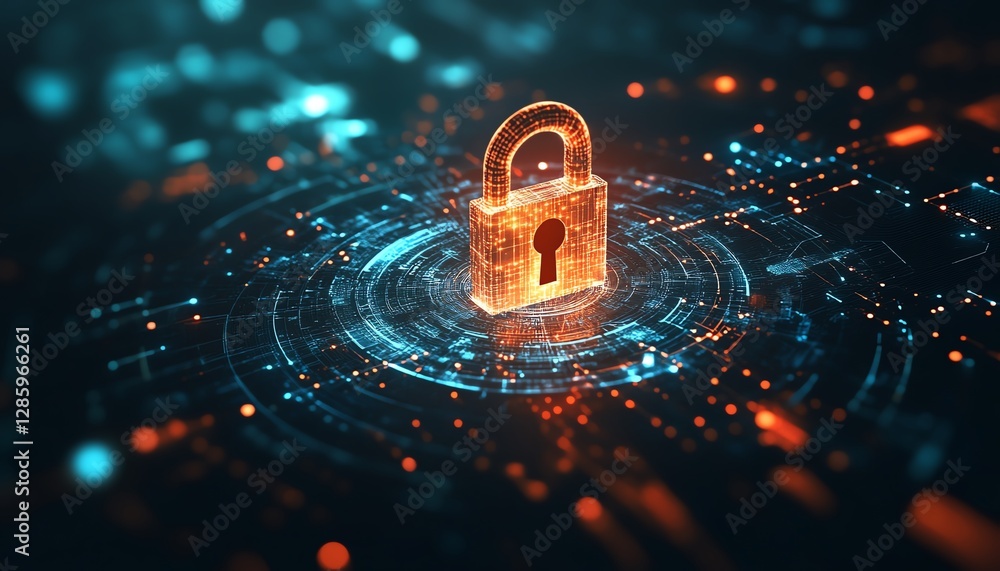 Poster futuristic digital padlock on tech interface background, secure encryption system, keyhole icon symb