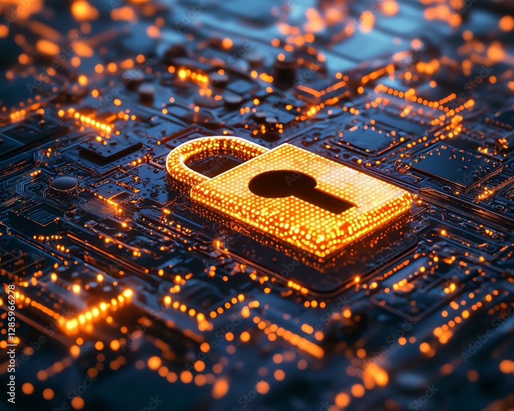 Poster Futuristic encryption system with digital padlock and keyhole icon on hightech interface, cybersecurity concept, securing digital data in a connected world