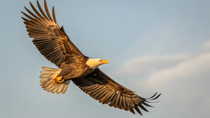 Obraz premium Majestic Golden American Bald Eagle Soaring Symbolizing Strength and Freedom. Perfect for: Independence Day, National Emblem Celebrations, Patriotic Events