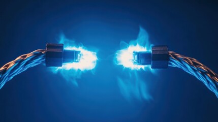 Two cables meet each other with electricity flowing between them, cinematic on a blue background, dramatic and revealing the beauty of electricity.