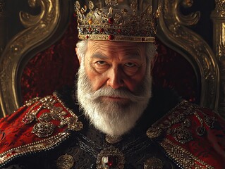 Majestic Elderly King with Crown and Ornate Royal Robes Sitting on a Throne in a Regal Setting