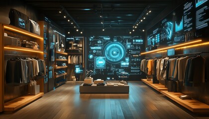 Hightech retail store interior, showcasing clothing with abstract glowing tech visualizations, modern data sphere, and client behavior analysis integrated into the store experience