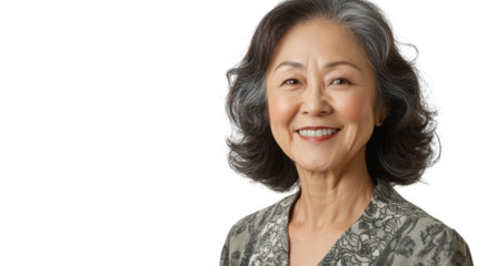 Elderly woman smiling warmly with tousled gray hair, wearing a patterned blouse in a bright studio setting