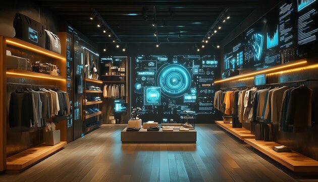 Hightech retail store interior, showcasing clothing with abstract glowing tech visualizations, modern data sphere, and client behavior analysis integrated into the store experience