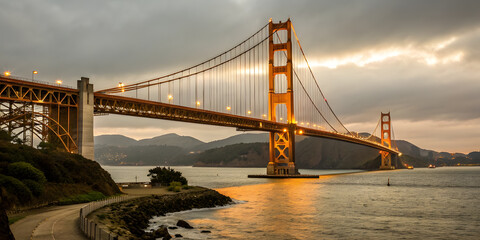 Fototapeta premium Golden Bridge Spanning Across Symbolizing Connection and Unity. Perfect for: Infrastructure Summits, National Unity Celebrations