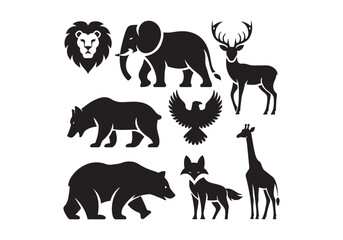 Vector Illustration of Diverse Animal Silhouettes: Lion, Elephant, Deer, Bear, Eagle, Fox, Giraffe