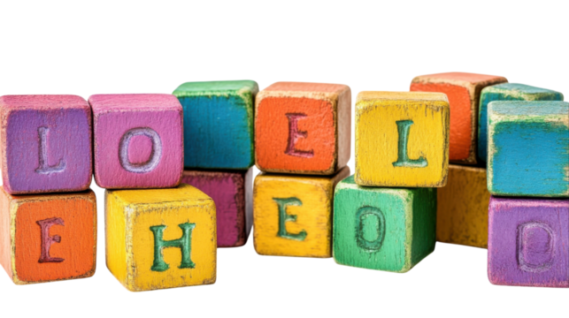Colorful wooden blocks spell creative words on a white background in a playful arrangement
