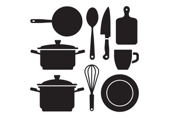 Essential Kitchen Utensils Vector Illustration - Pots, Pans, Cutlery, and More - Perfect for Cooking Enthusiasts