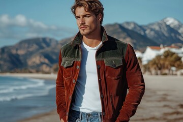 Handsome young Caucasian man in stylish corduroy jacket posing on a beach with scenic mountains in the background